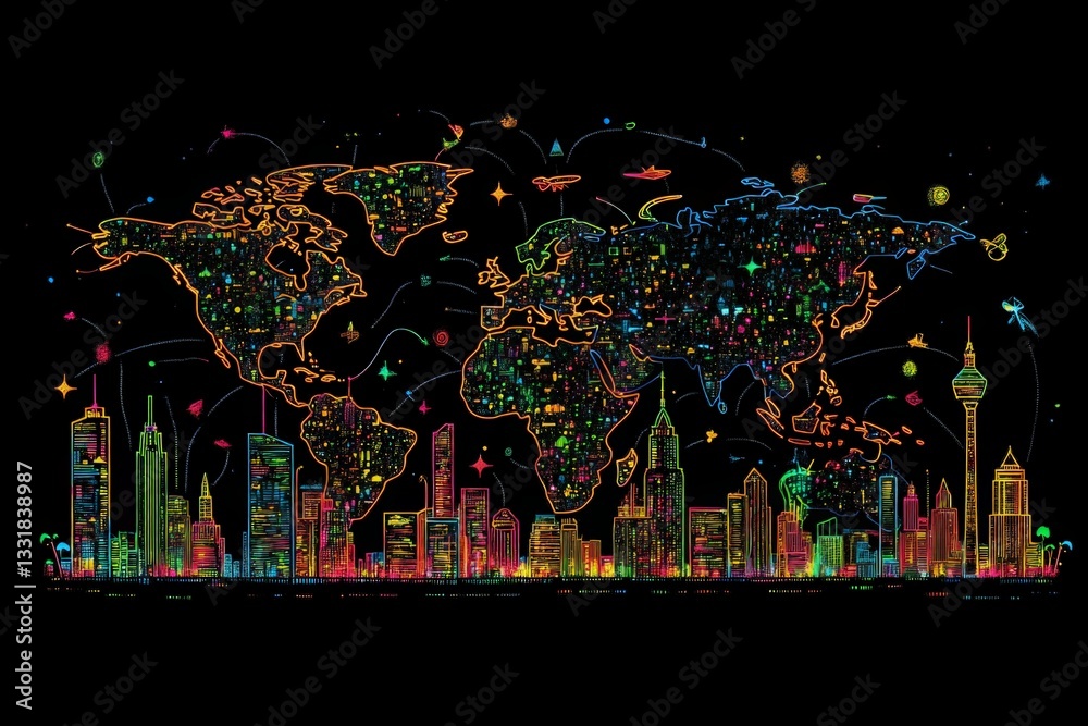 Aufkleber colorful illuminated world map showcasing city skylines and landmarks against a dark backdrop