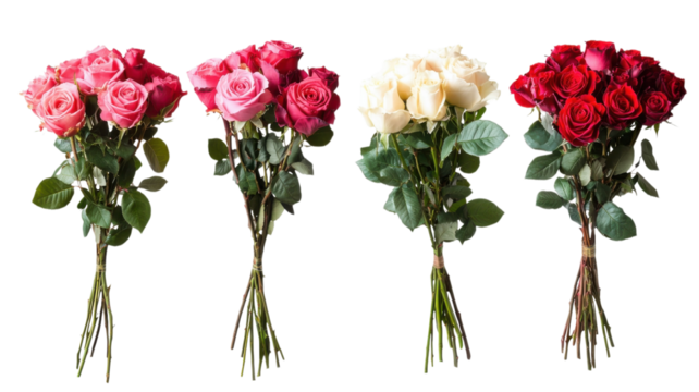 Beautiful assorted rose bouquets featuring pink, red, and white flowers with greenery arranged creatively for a charming display