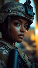 Obraz premium Soldier stands confidently amidst the backdrop of a military operation at dusk, showcasing determination and focus in her expression while wearing tactical gear