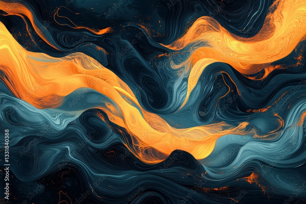 Poster Swirling patterns of orange and blue create an abstract landscape of movement and flow in a dark backdrop