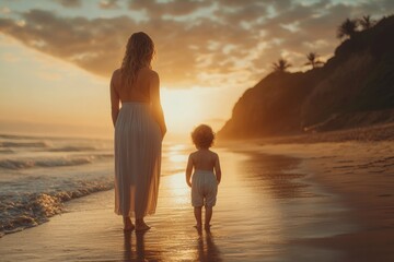 Fototapeta premium Mother and child walk along the beach at sunset, creating cherished memories in tranquil surroundings