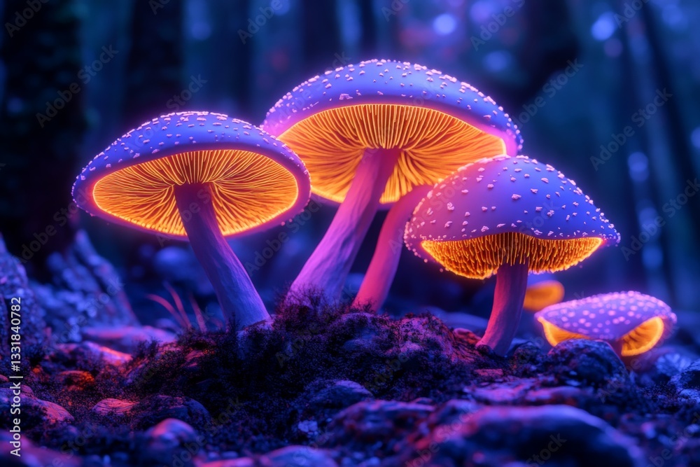 Poster enchanted mushrooms glow softly in a mystical forest under twilight conditions