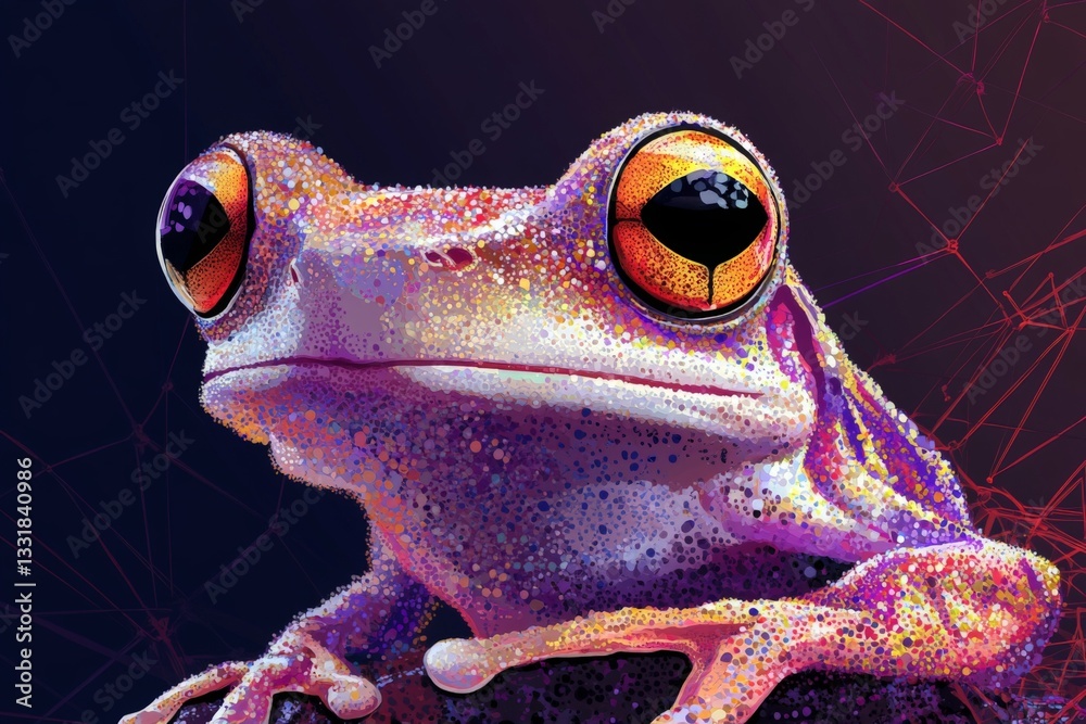 Poster vibrant close-up of a colorful frog perched on a surface against a dark, abstract background in a st