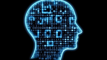 Artificial Intelligence Glowing Blue Circuit Head Profile with Binary Code, Dark Background