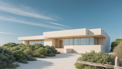 Fototapeta premium Modern Coastal Building Design with Natural Surroundings and Blue Sky