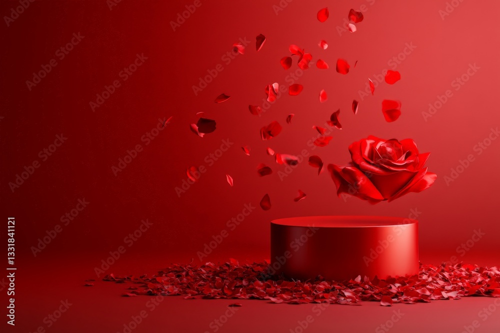 Poster red rose with floating petals on a vibrant red background