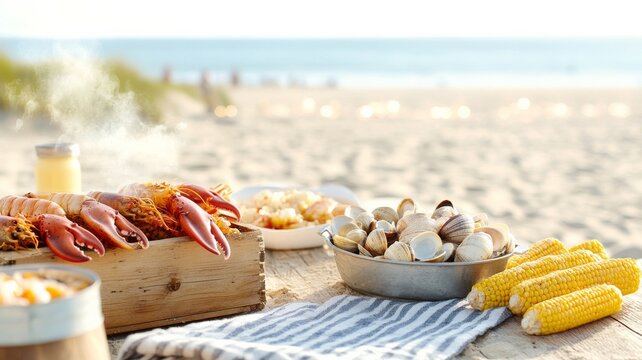 A traditional New England clam bake on a sandy beach, featuring steaming clams on the half shell, lobster, corn on the cob