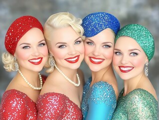 Four women in sparkling, sequin-covered dresses and matching headpieces smile brightly, radiating glamour. Their striking red, blue, and green outfits and red lips create an elegant, joyful portrait.