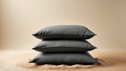 Stacked Dark Gray Square Pillows on Beige Surface with Sand.