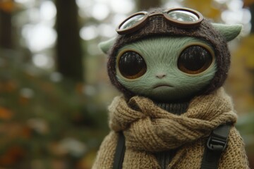 Unique character in aviator goggles and cozy sweater standing amidst autumn woods