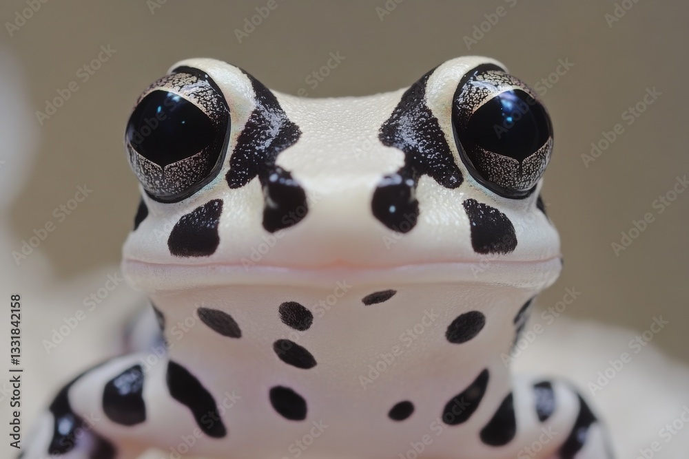 Poster black and white spotted frog perched against a neutral background in a close-up setting