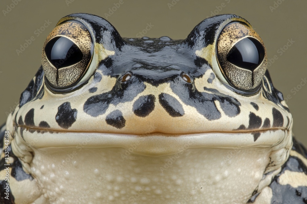 Poster Close-up of a strikingly patterned frog with large expressive eyes and intricate facial details captured indoors