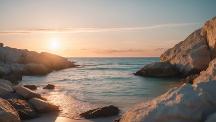 Sunlit rocky coastline with calm sea at sunset