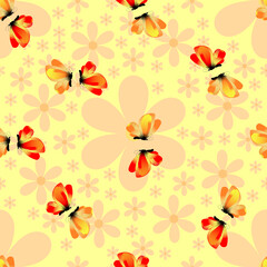 Seamless pattern, yellow background with large and small flowers in pastel colors, decorated with bright butterflies in red-orange colors. Light and spring design