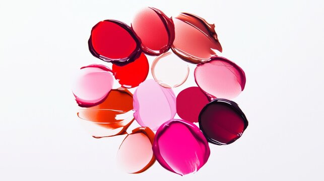 Assorted lipstick swatches with red, pink, and purple shades on white background. Cosmetic color palette with glossy finish and vibrant hues. Makeup sample display with smooth texture and bold tones. - Powered by Adobe