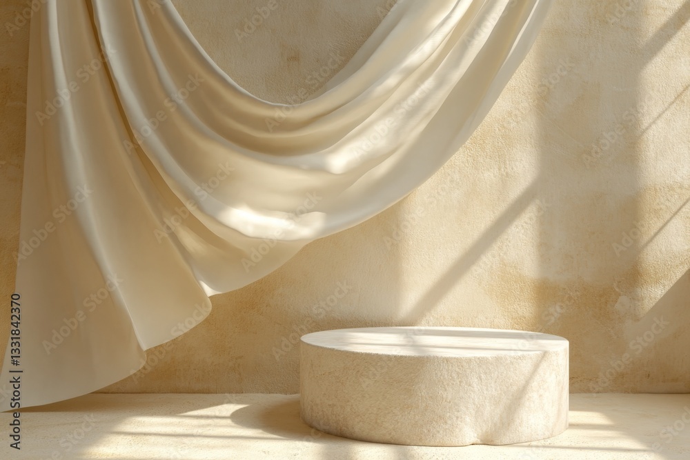 Aufkleber neutral interior space with draped fabric and curved pedestal under soft light creating an inviting 