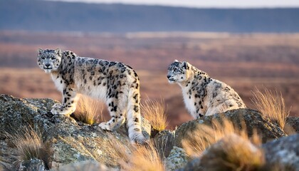 A pair of snow leopards hide among the rocky terrain of the steppe, their spotted coats blending with the environment, eyes keenly scanning the surroundings, poised and alert