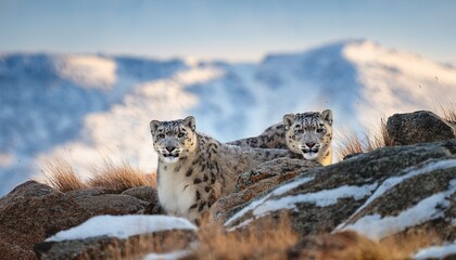 Two elusive snow leopards expertly hide among the rocks on the steppe, their piercing eyes scanning the rugged terrain, masters of camouflage in their harsh habitat.

