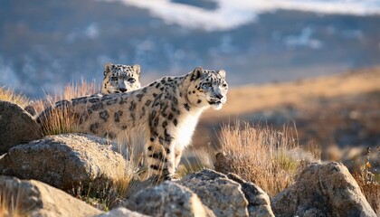 Two elusive snow leopards expertly hide among the rocks on the steppe, their piercing eyes scanning the rugged terrain, masters of camouflage in their harsh habitat.

