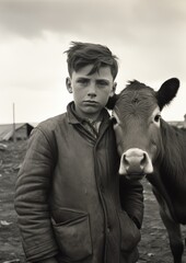 A young boy stands next to a calf, both gazing seriously at the camera. The boy, dressed in a worn coat, exudes a sense of hard work and determination, set against a rural, industrial backdrop.