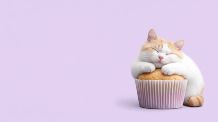 Playful cat Background, A sleeping cat cuddles a cupcake on a pastel purple background.
