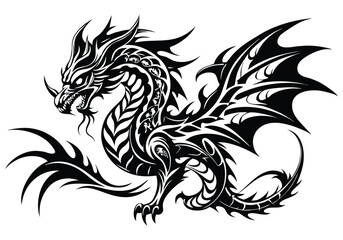 Tribal Dragon Tattoo – Black and White Vector Illustration with Fierce Tribal Elements