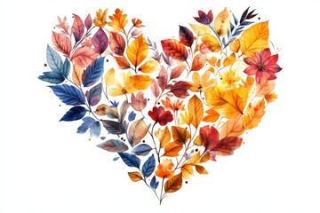 Colorful watercolor heart design featuring autumn leaves and flowers in warm tones