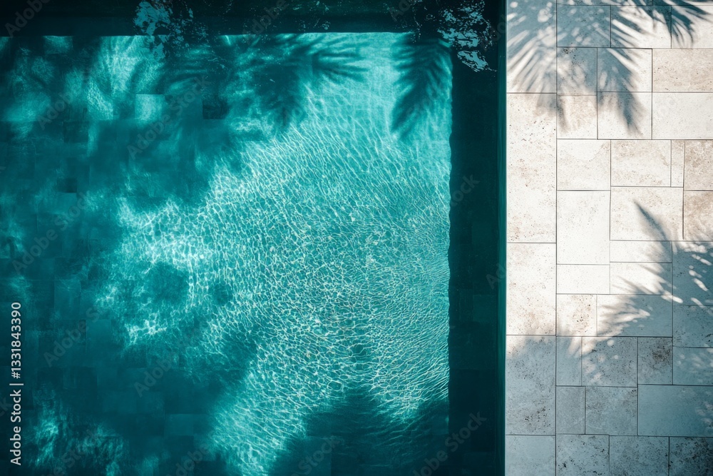 Poster Crystal clear swimming pool reflecting sunlight with intricate patterns of shadow in a tropical setting