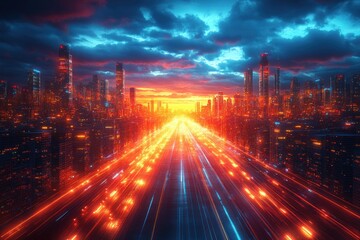 Futuristic Urban Night Cityscape with Neon Lights and Motion Blur Effects