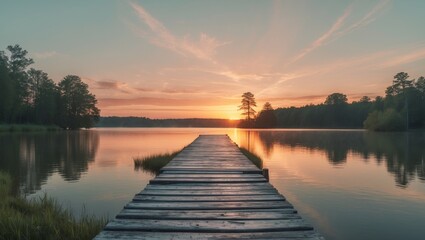 Obraz premium Sunset over a Serene Lake with a Wooden Dock.