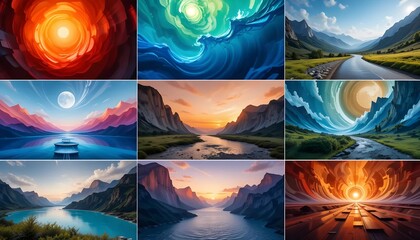 A vibrant collage of digital art landscapes showcasing diverse settings, from surreal abstract scenes with swirling colors and celestial bodies to serene mountain and river vistas at sunrise or sunset