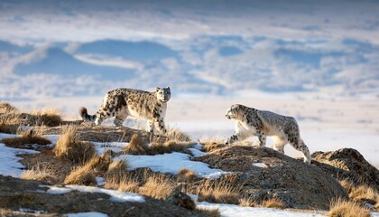 Two elusive snow leopards expertly hide among the rocks on the steppe, their piercing eyes scanning the rugged terrain, masters of camouflage in their harsh habitat.

