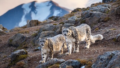 Two elusive snow leopards expertly hide among the rocks on the steppe, their piercing eyes scanning the rugged terrain, masters of camouflage in their harsh habitat.

