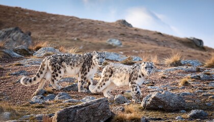 Two elusive snow leopards expertly hide among the rocks on the steppe, their piercing eyes scanning the rugged terrain, masters of camouflage in their harsh habitat.

