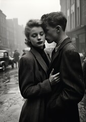 A couple stands close, sharing an intimate moment in the midst of a misty, vintage city street. The woman gazes forward, while the man tenderly rests his head near hers, creating a romantic atmosphere