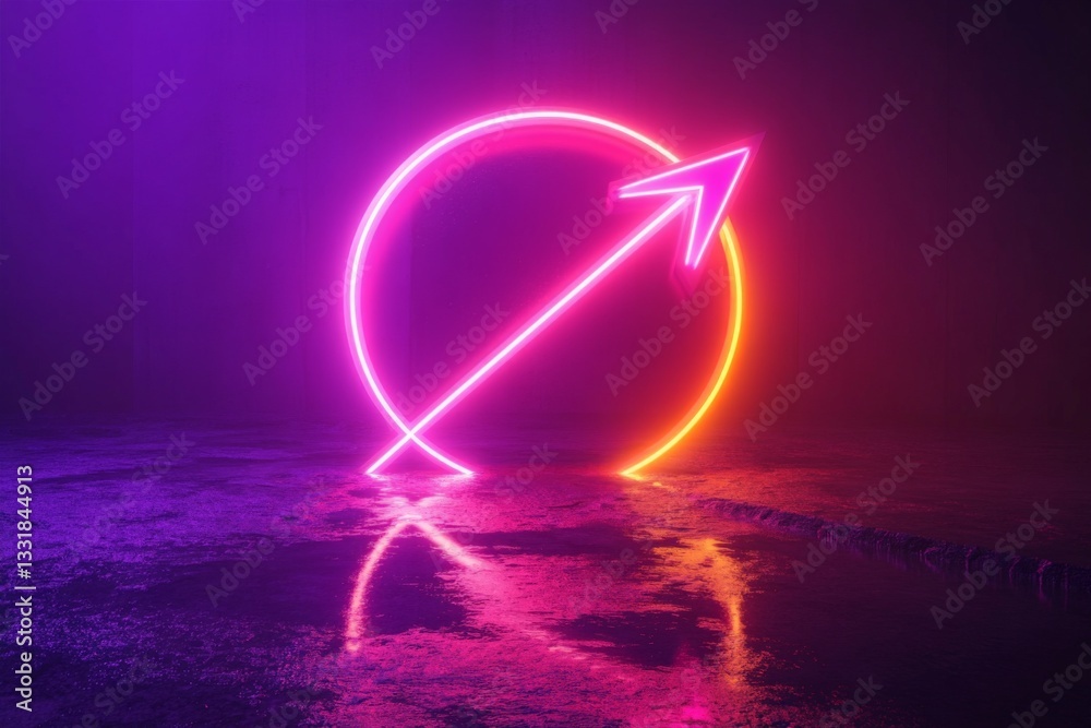 Aufkleber neon arrow and circle illuminated in vibrant hues against a wet surface in a dark environment