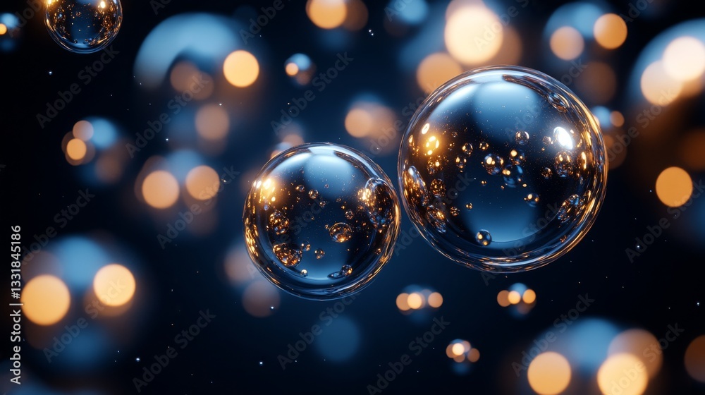Wall mural shiny spheres float in a dark space with blurred background lights