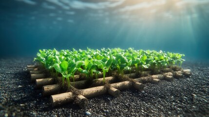 Fototapeta premium Vibrant row of seaweed plants thriving on rocky ocean bed surrounded by clear water and natural beauty