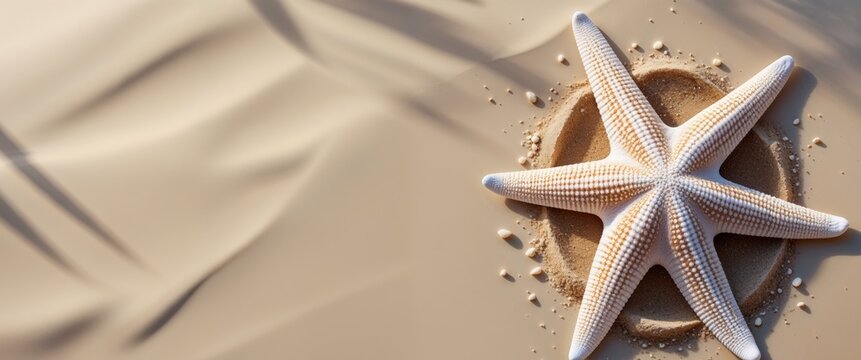 Summer Vacation Flat Lay with Starfish and Sand Creating Copy Space on Beige Background for Travel and Relaxation Themes.