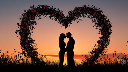 Fototapeta premium Romantic silhouette of couple embracing beneath floral heart at sunset