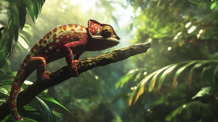 Vibrant chameleon perched on a branch in lush tropical foliage.