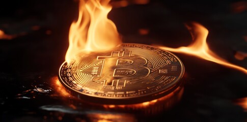 Burning Cryptocurrency Coin, Dark Background. Financial crisis concept