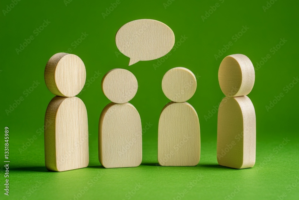Poster Group of wooden figures engaged in conversation against a bright green backdrop, symbolizing communication and interaction