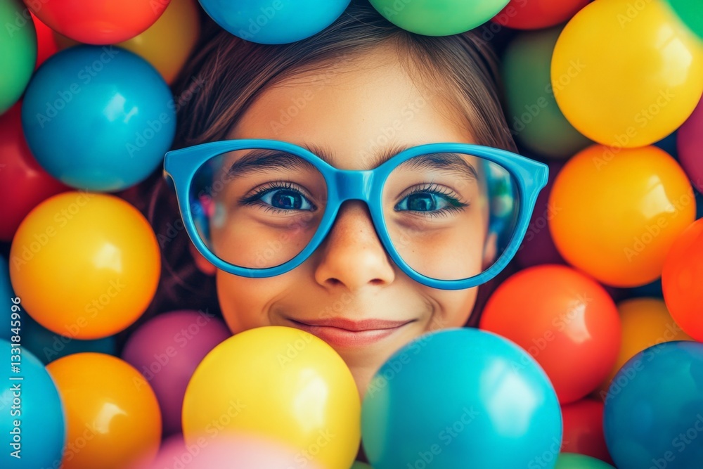 Poster child plays joyfully in a colorful ball pit wearing oversized glasses and smiling brightly at a play