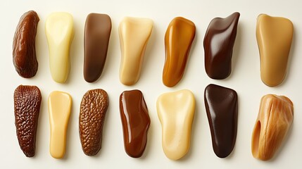Fototapeta premium A collection of silicone prosthetic toes displayed in a gradient of natural skin tones.