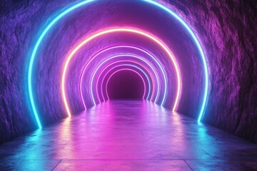 Bright neon-lit tunnel with colorful arches in a dimly lit setting creates a surreal atmosphere