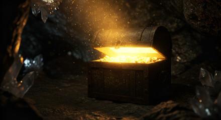mysterious treasure chest illuminates the darkness with its radiant golden light, sparking wonder and adventure.hunt, treasure box