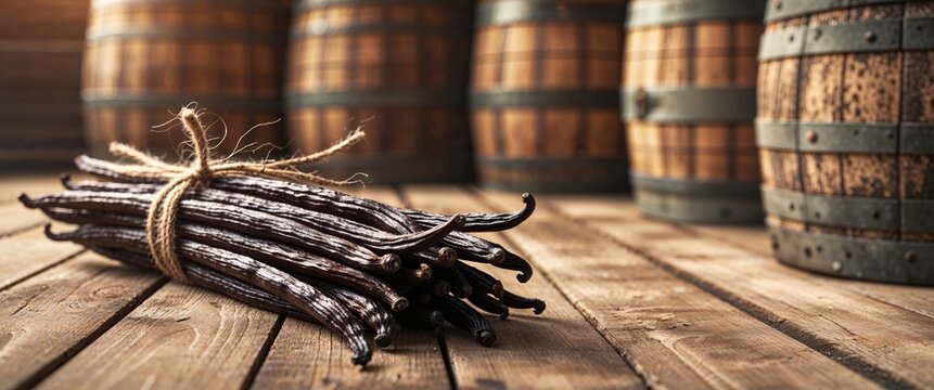 Bunch of Dark Brown Vanilla Beans Tied with Twine Surrounded by Rustic Stacked Wooden Casks in a Farmhouse Style Setting
