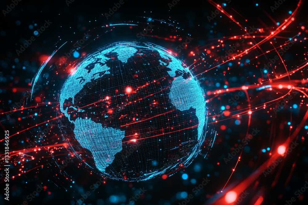 Leinwandbilder Visual representation of a digital globe surrounded by vibrant energy lines and particles in a cosmic space setting
