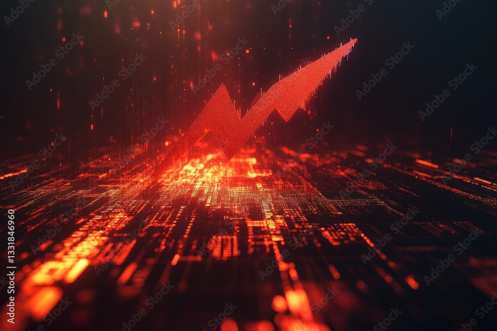 Poster design of a digital upward trend indicator on a futuristic tech background showcasing market growth